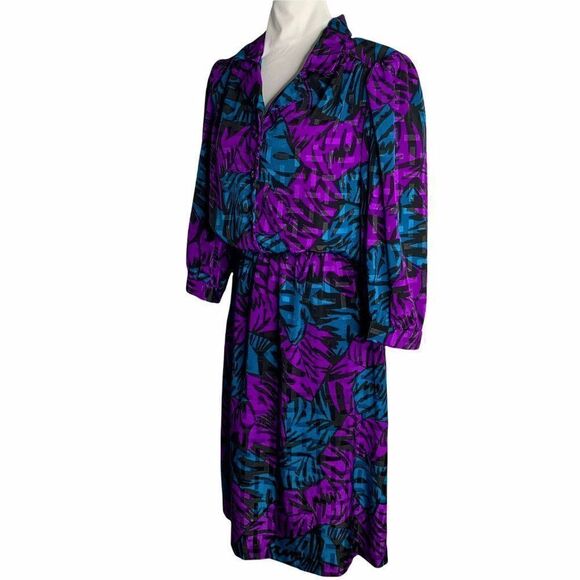 Vintage Midi Button Up Shirt Dress Purple Teal M - Picture 5 of 6